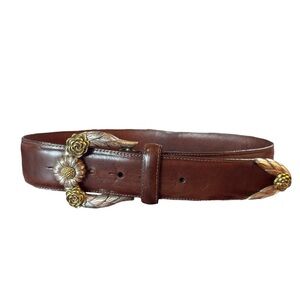 Vintage Brighton Leather Belt Gold Silver Floral Y2K Buckle Western Cottagecore
